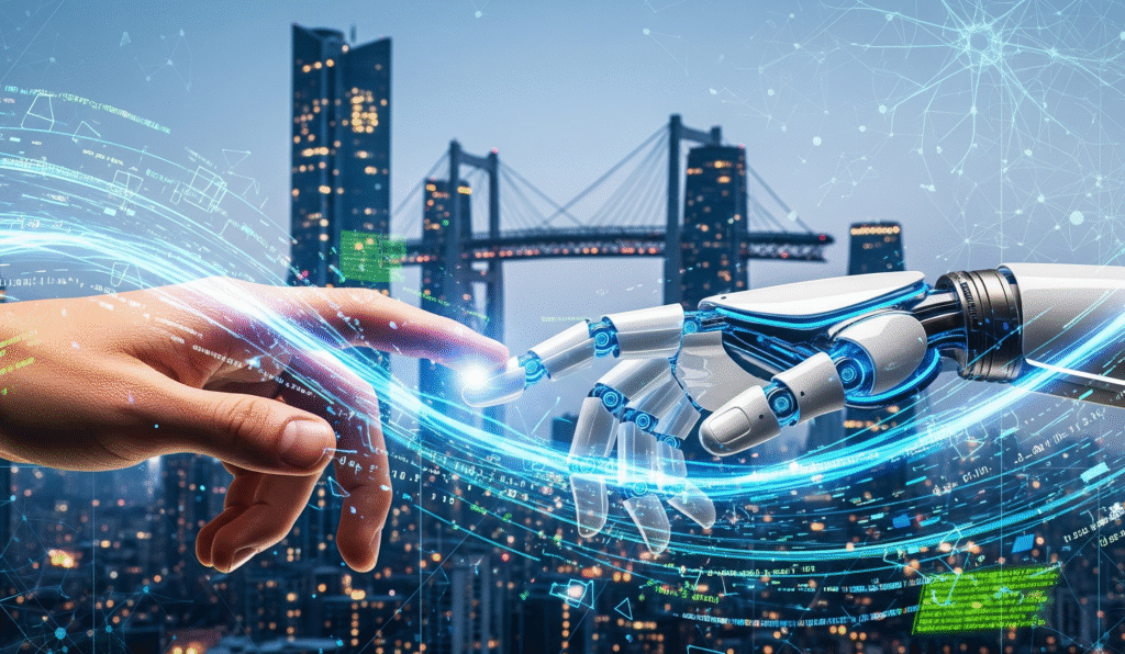 a hand touching a robot's finger